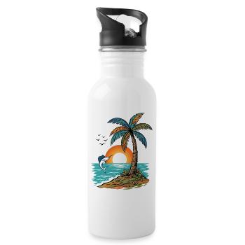 Sunset Island Palm Tree And Sea - Water bottle with straw - white - Right