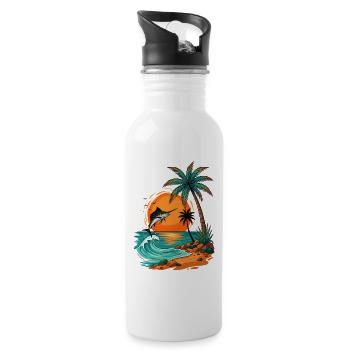 Jumping Fish at Tropical Sunset Palm Sea Beach - Water bottle with straw - white - Right