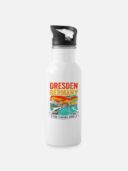 Florence Retro Dresden Germany City Skyline - Trinkflasche mit integriertem Trinkhalm - Weiß