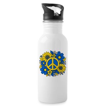Ukraine Peace Zeichen mit Blumen Blau Gelb - Trinkflasche mit integriertem Trinkhalm - Weiß - Rechts