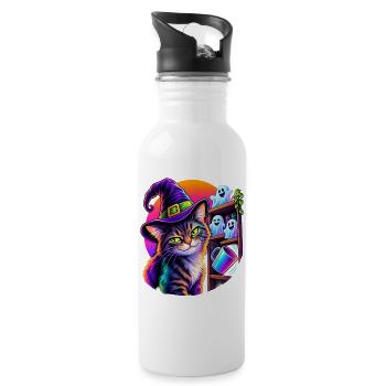 Halloween Katze mit Hexenhut und kippendem Objekt - Trinkflasche mit integriertem Trinkhalm - Weiß - Rechts