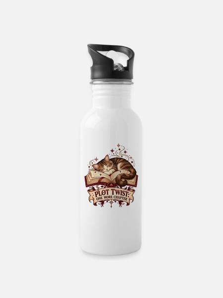 Bücherkater – Katze & Bücher T-Shirt  - Trinkflasche mit integriertem Trinkhalm - Weiß