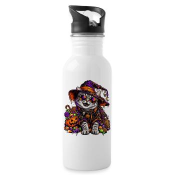 Bunte Halloween Hexenkatze mit Süßem - Trinkflasche mit integriertem Trinkhalm - Weiß - Rechts