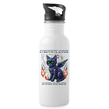 Katze Cybernetic Chaos, Cyberpunk - Trinkflasche mit integriertem Trinkhalm - Weiß - Rechts