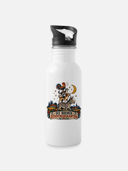 Bremer Stadtmusikanten Stack - Trinkflasche mit integriertem Trinkhalm - Weiß