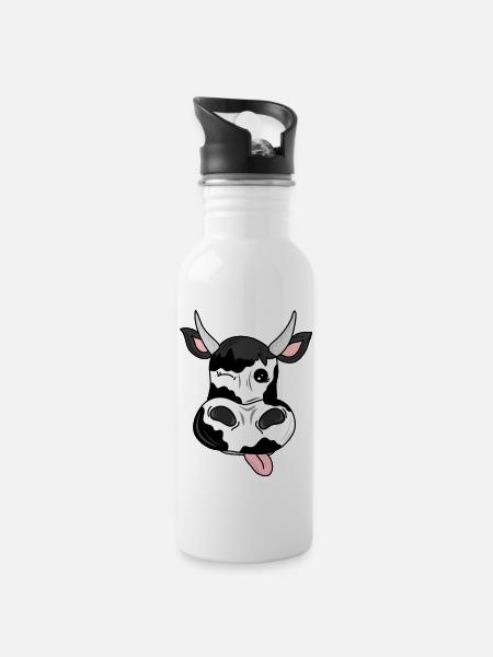 black and white cow with horns funny gift - Water bottle with straw - white