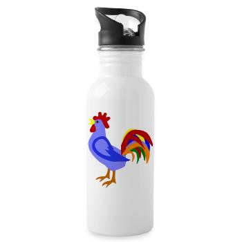 Farbenfroher Hahn im Kunstdesign - Trinkflasche mit integriertem Trinkhalm - Weiß - Rechts