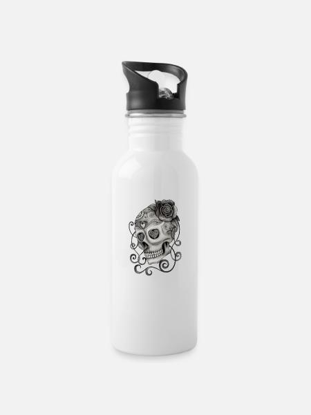 Tête de mort avec tatouage rose - Gourde avec paille intégrée - blanc