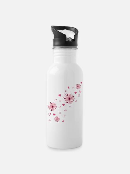 Fliegende Kirschblüten mit Herzen Sakura Frühling - Trinkflasche mit integriertem Trinkhalm - Weiß