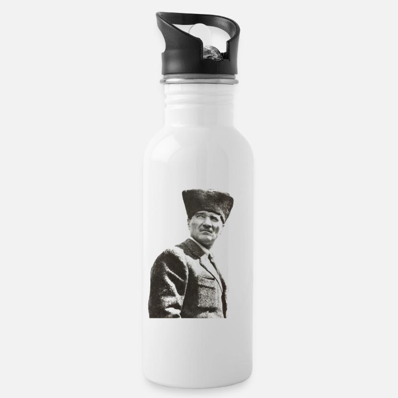 Mustafa Kemal Atatürk - Trinkflasche mit integriertem Trinkhalm - Weiß