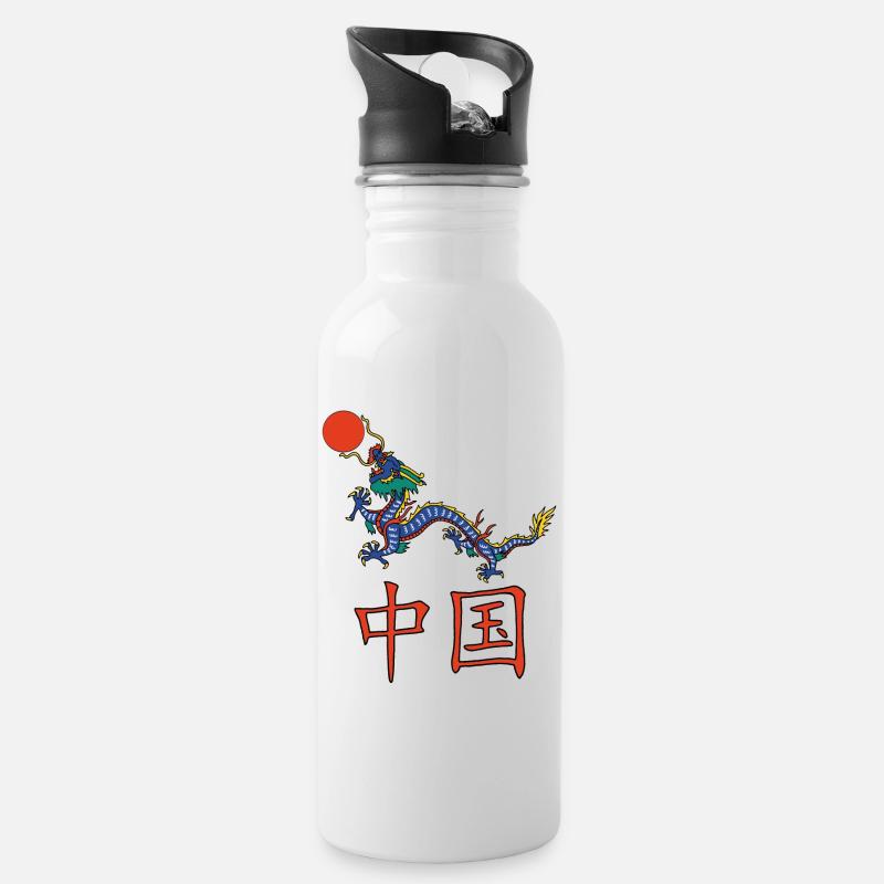 Chinesischer Drache - Trinkflasche mit integriertem Trinkhalm - Weiß