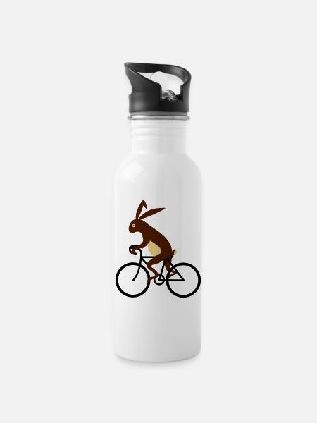 Hase auf dem Fahrrad - Trinkflasche mit integriertem Trinkhalm - Weiß