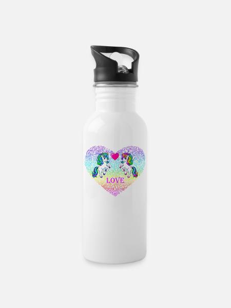 Unicorn Couple Heart Love Valentine's Day 2022 - Water bottle with straw - white