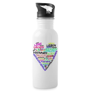 Herz Text Leben Lieben Lachen und Mehr - Trinkflasche mit integriertem Trinkhalm - Weiß - Rechts