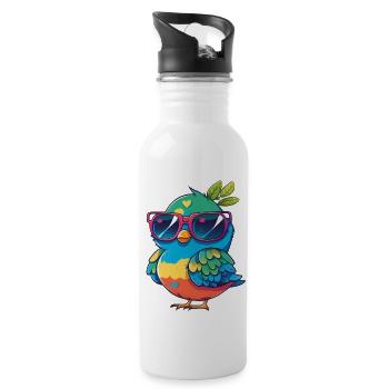 Kawaii Cute Happy Colorful Bird with Sunglasses - Water bottle with straw - white - Right