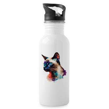 Multi-colored portrait of a Siamese cat Watercolor - Water bottle with straw - white - Right