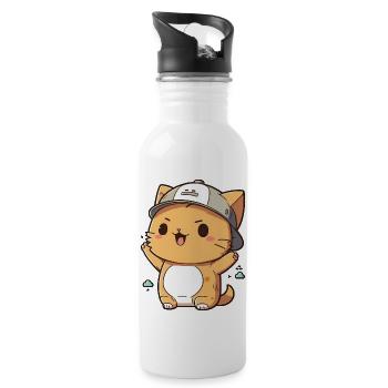 Cute cat wearing a hat - Water bottle with straw - white - Right