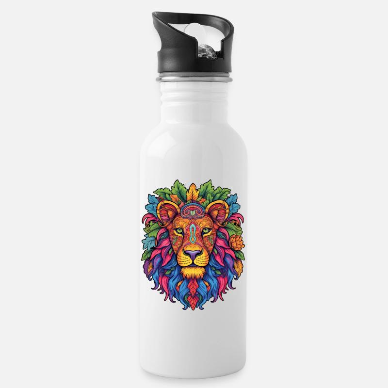 Rainbow Lion Mandala - Water bottle with straw - white