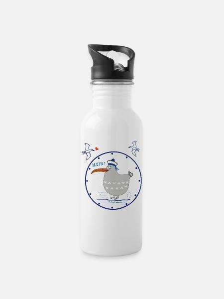 Moin, maritim, Möwe - Trinkflasche mit integriertem Trinkhalm - Weiß