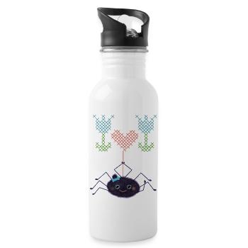 Cute spider embroidering flowers - Water bottle with straw - white - Right