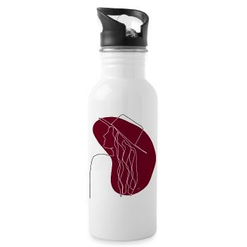 "Lady with Hat", Boho Line Art Design, "Faces" - Water bottle with straw - white - Right