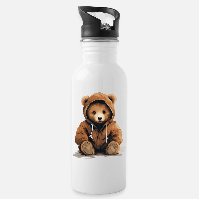 cooler Teddy mit Kaputze - Trinkflasche mit integriertem Trinkhalm - Weiß