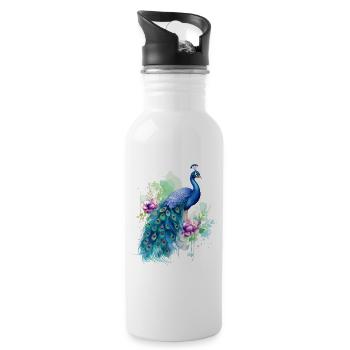 Pfau Pfauenfeder Exotisch Farbenfroh Bunt Kunst - Trinkflasche mit integriertem Trinkhalm - Weiß - Rechts