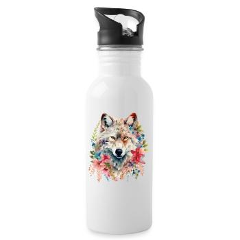 Wolf Wolfskopf Blumen Natur Wildnis Aquarell Kunst - Trinkflasche mit integriertem Trinkhalm - Weiß - Rechts