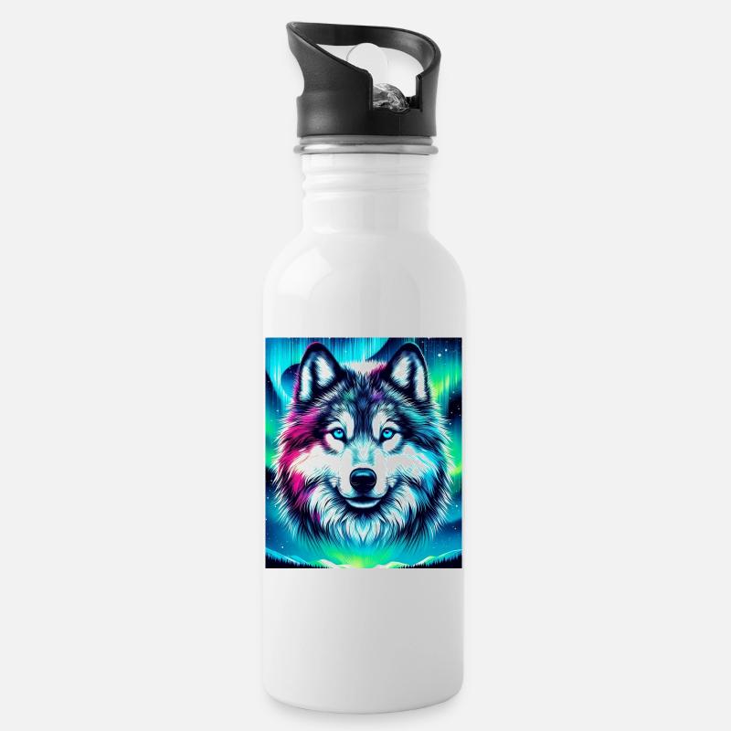 Wolf Husky Hund - Trinkflasche mit integriertem Trinkhalm - Weiß
