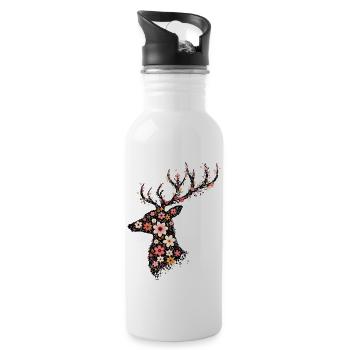 Hirsch aus Blumen - Trinkflasche mit integriertem Trinkhalm - Weiß - Rechts