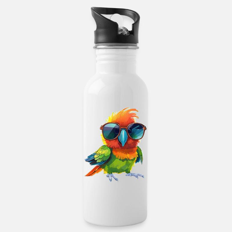 Cooler Papagei mit Sonnenbrille - Trinkflasche mit integriertem Trinkhalm - Weiß