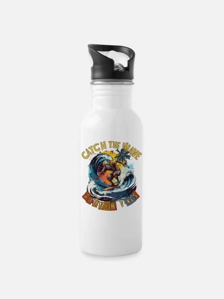 Catch the Wave Surf Retro - Trinkflasche mit integriertem Trinkhalm - Weiß