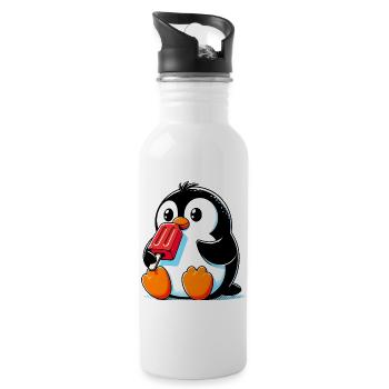 Pinguin isst ein Eis am Stiel - Trinkflasche mit integriertem Trinkhalm - Weiß - Rechts