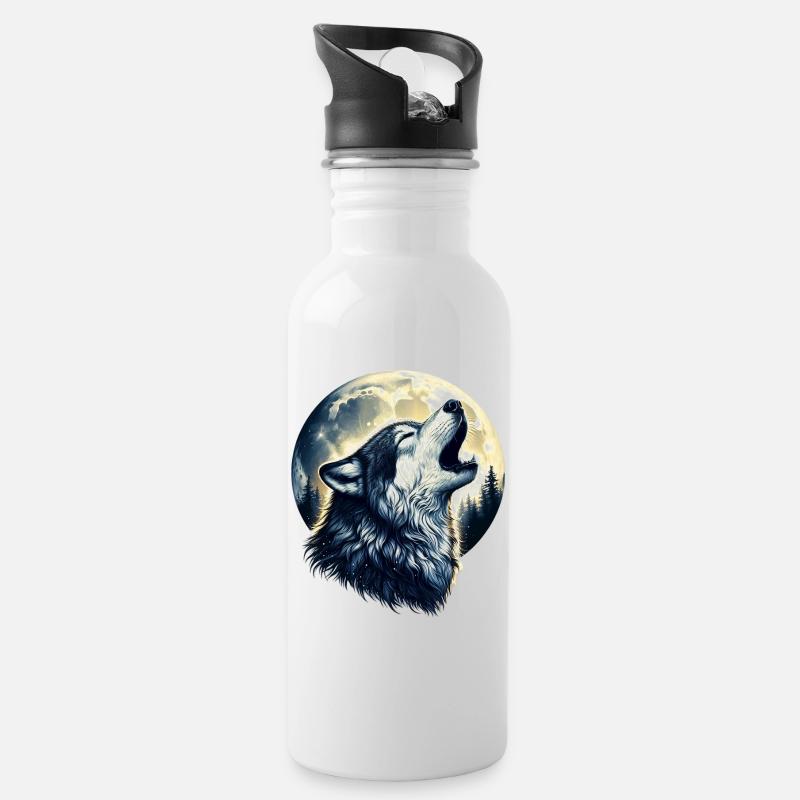 Wolf heult den Vollmond an - Trinkflasche mit integriertem Trinkhalm - Weiß