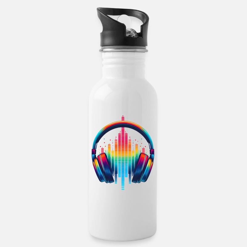 Lebendiger Klang Kopfhörer Regenbogen - Trinkflasche mit integriertem Trinkhalm - Weiß