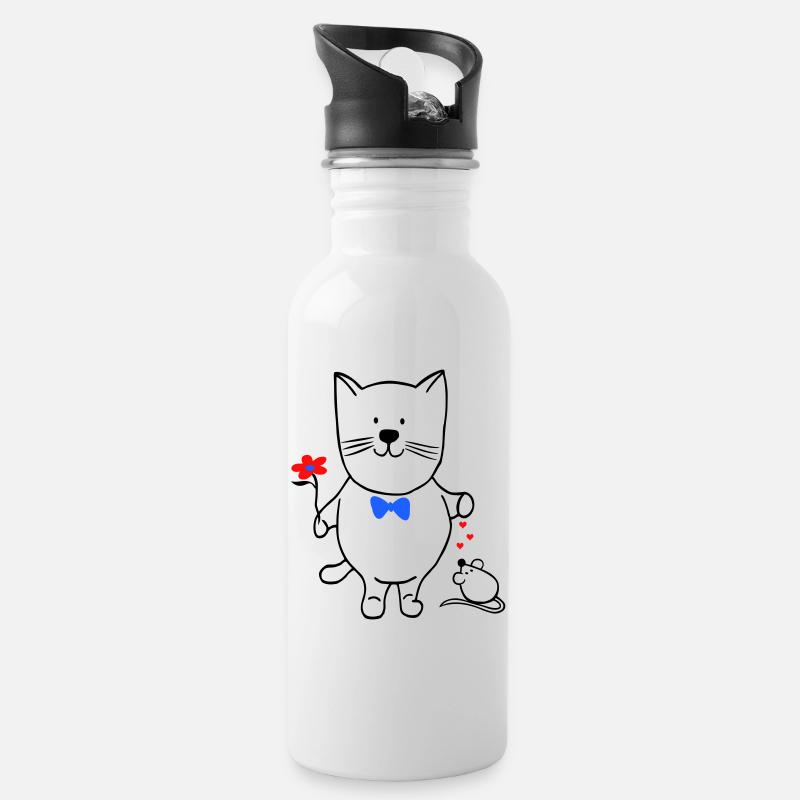 Katze und Maus - Trinkflasche mit integriertem Trinkhalm - Weiß