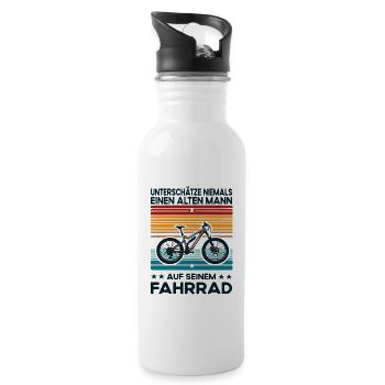 Alter Mann - Fahrrad Motiv im Retro Style - Trinkflasche mit integriertem Trinkhalm - Weiß - Rechts