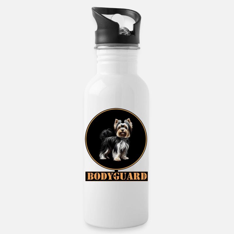 Yorkshire Terrier : Wachhund im Goldring - Trinkflasche mit integriertem Trinkhalm - Weiß