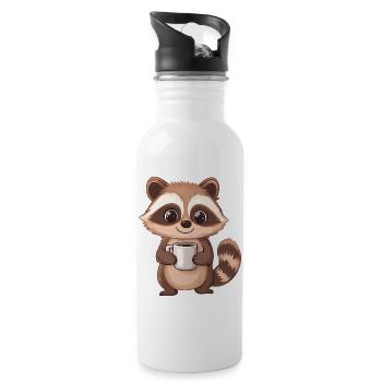 Mignon raton laveur tenant une tasse à café - Design adorable - Gourde avec paille intégrée - blanc - Droite
