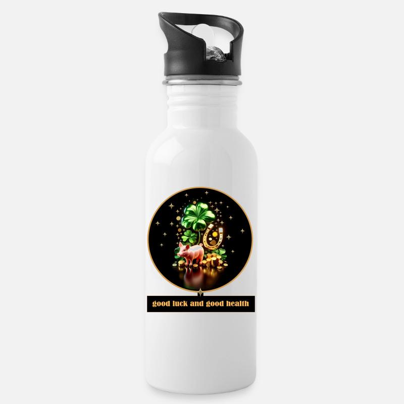 Glücksschwein mit Shamrock und Münzen - Trinkflasche mit integriertem Trinkhalm - Weiß