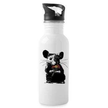Mouse with colorful bouquet - Stencil Love - Water bottle with straw - white - Right