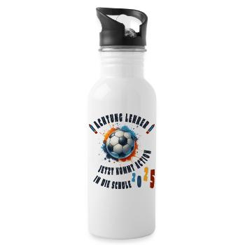 Einschulung 2025 - Fußball - Achtung Lehrer! - Trinkflasche mit integriertem Trinkhalm - Weiß - Rechts