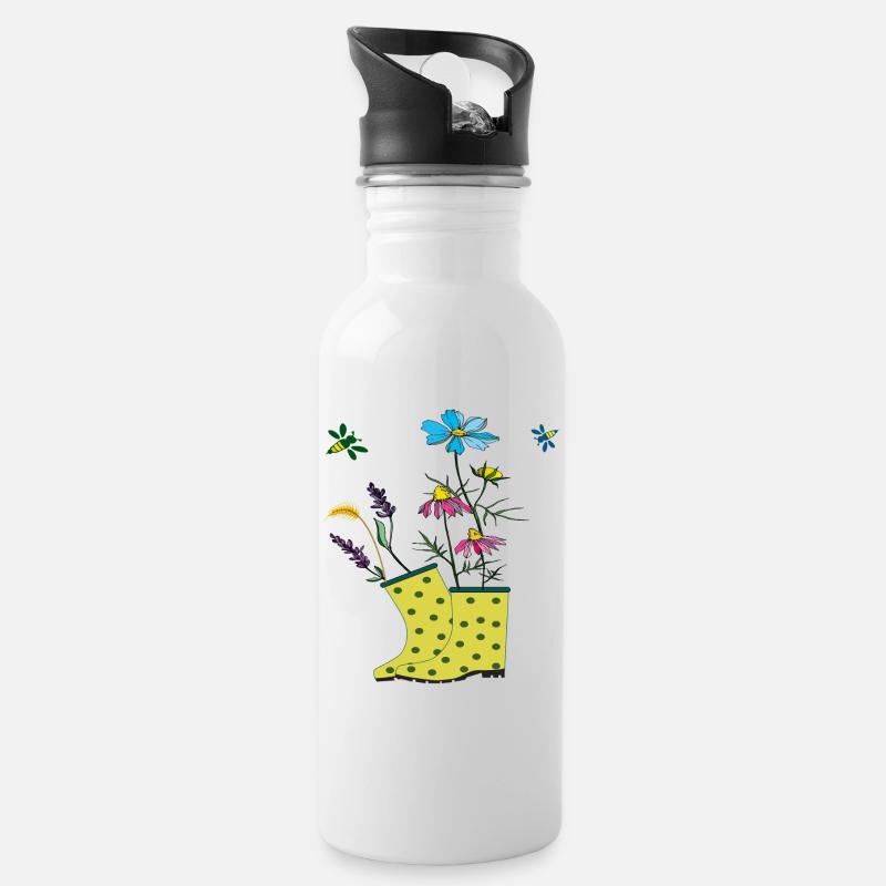 Garten Stiefel mit Blumen und Kräuter - Trinkflasche mit integriertem Trinkhalm - Weiß
