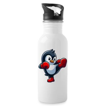 Cooler Pinguin Boxer Kickboxer Cartoon Kampfsport - Trinkflasche mit integriertem Trinkhalm - Weiß - Rechts