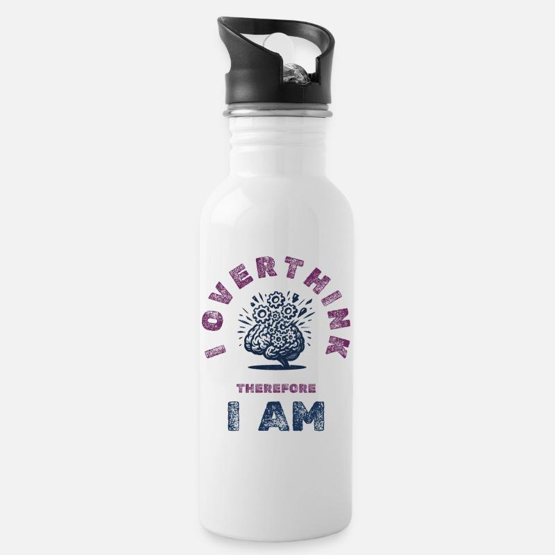 Overthinking Brain Humor Tee - Water bottle with straw - white