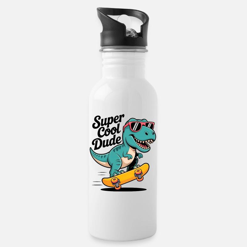 Super cooler Skateboard Dinosaurier - Trinkflasche mit integriertem Trinkhalm - Weiß