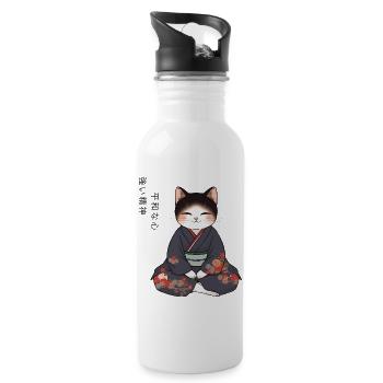 Anime Katze im Kimono – Zen Meditation Japan - Trinkflasche mit integriertem Trinkhalm - Weiß - Rechts