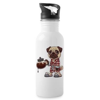 Lustiger Mopshund-Kaffeeliebhaber im Bademantel - Trinkflasche mit integriertem Trinkhalm - Weiß - Rechts