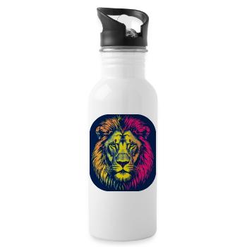Neon Löwenkopf Pop Art - Trinkflasche mit integriertem Trinkhalm - Weiß - Rechts