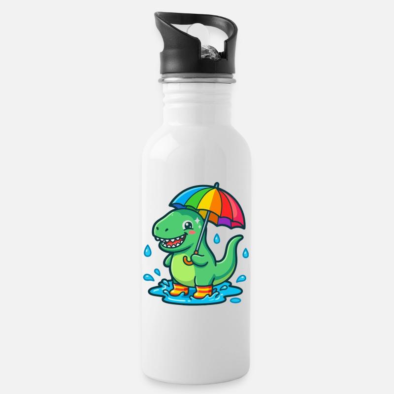 Dino avec un parapluie arc-en-ciel coloré - Gourde avec paille intégrée - blanc